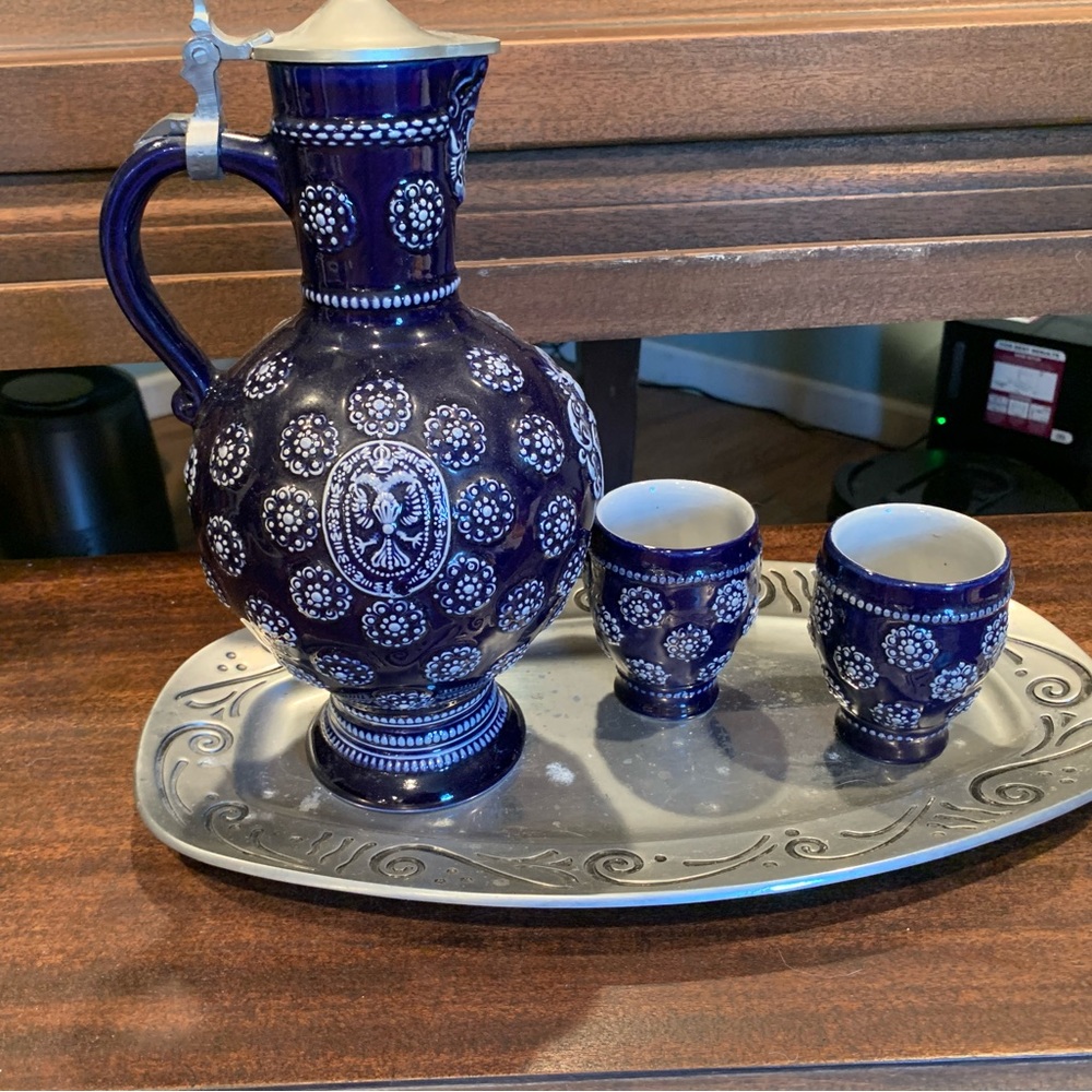 Vintage German Cobalt Blue Wine Pitcher with 2 cups